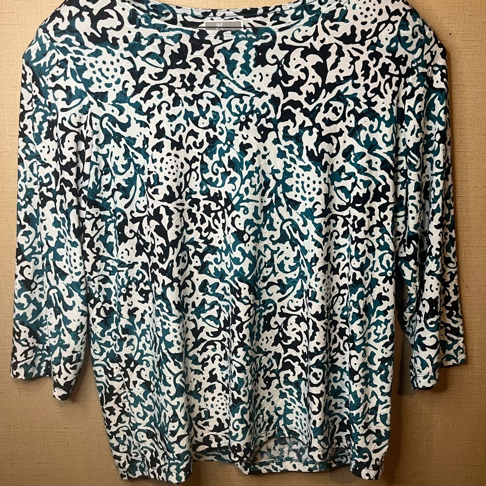 Women's Teal and Black Printed Long Sleeve Tee